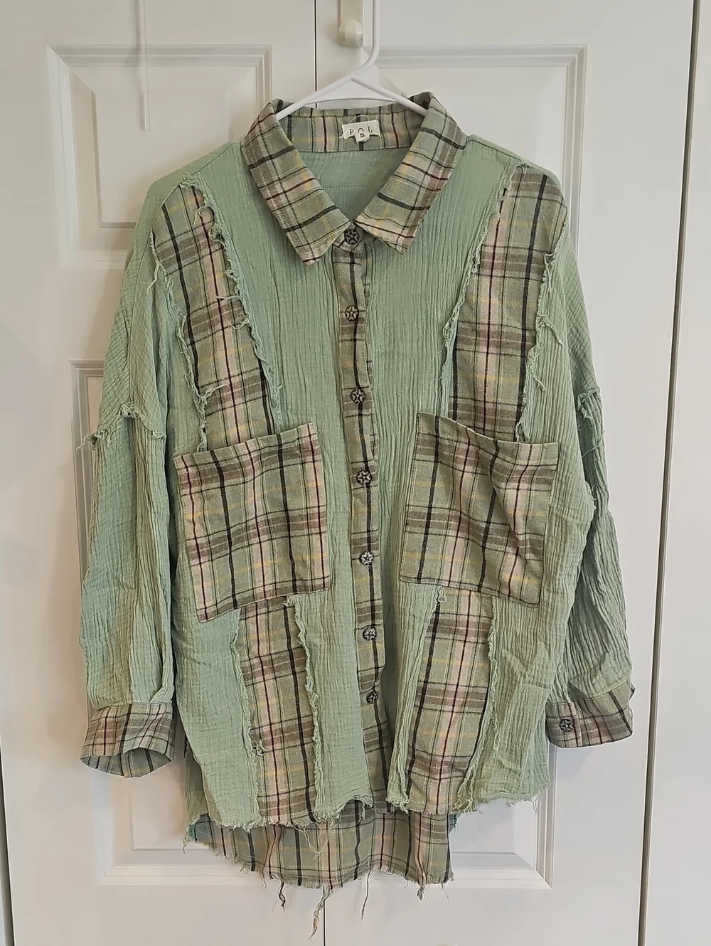 POL Distressed Button-Down Shirt Jacket in Sage Green and Plaid